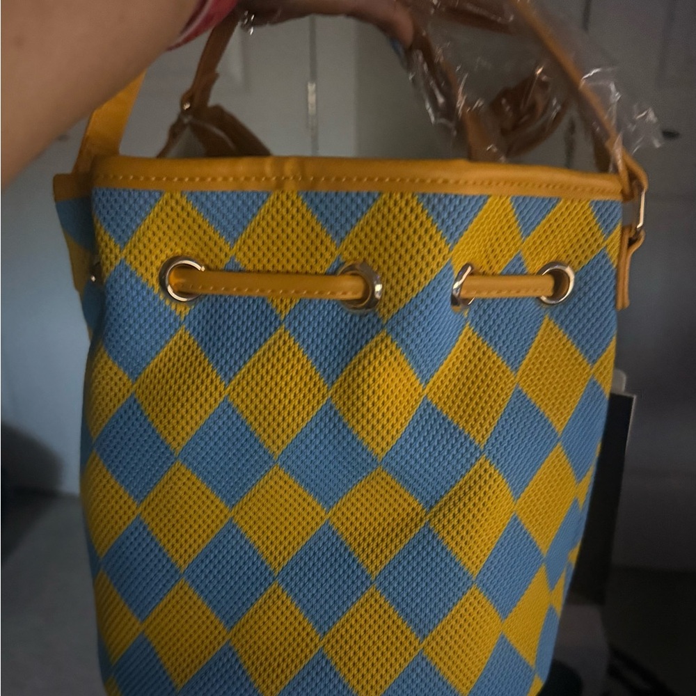 Le Miel Yellow and Blue Argyle Bucket Bag-Brand New With Tags - Picture 2 of 2